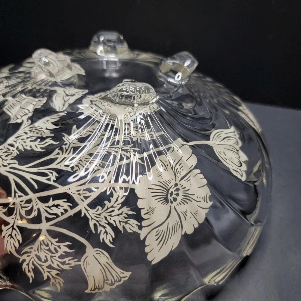 Beautiful Silver Overlay 4 Footed Scalloped Edge Round Bowl